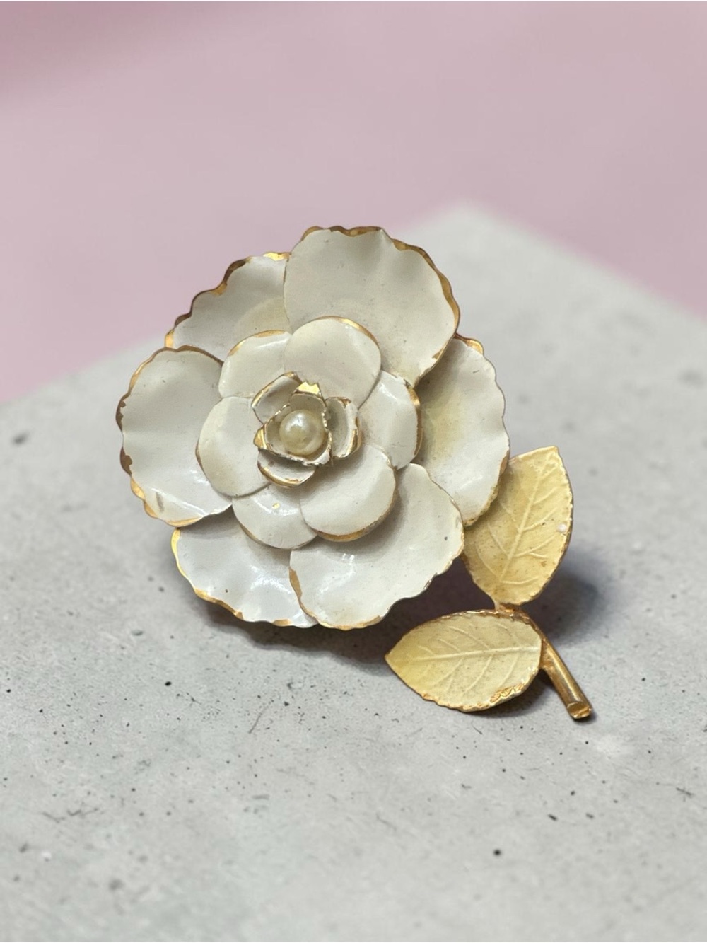 White Enamel Flower Brooch with Gold tone Leaves